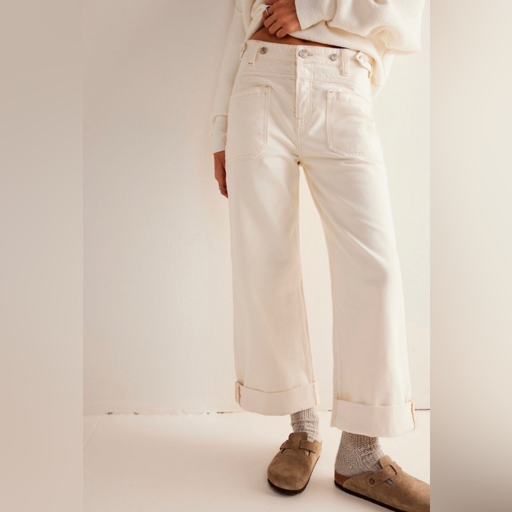 Free People We the Free Palmer Cuffed Jeans Eggshell White Wide Leg Mid Rise NWT